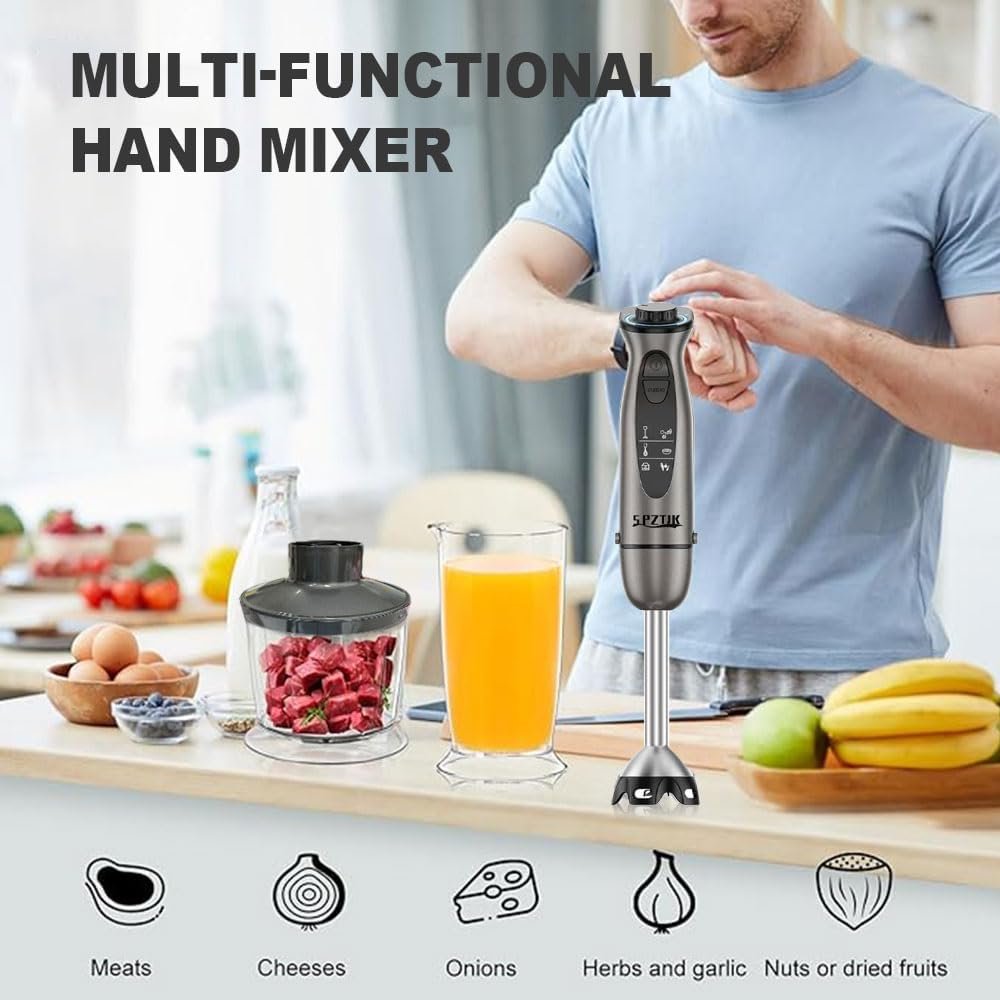 SPZTJK Kitchen Pürierstab, 5-en-1 Stabmixer Elektrischer, Pürierstab Edelstahl, Gemüsestampfer & Schneebesen, Zerkleinerer Elektrisch,Stufenlos Geschwindigkeiten Rührstab für Babynahrung, Suppe, Smoothies, Püree, Sauce hand blender - Image 5