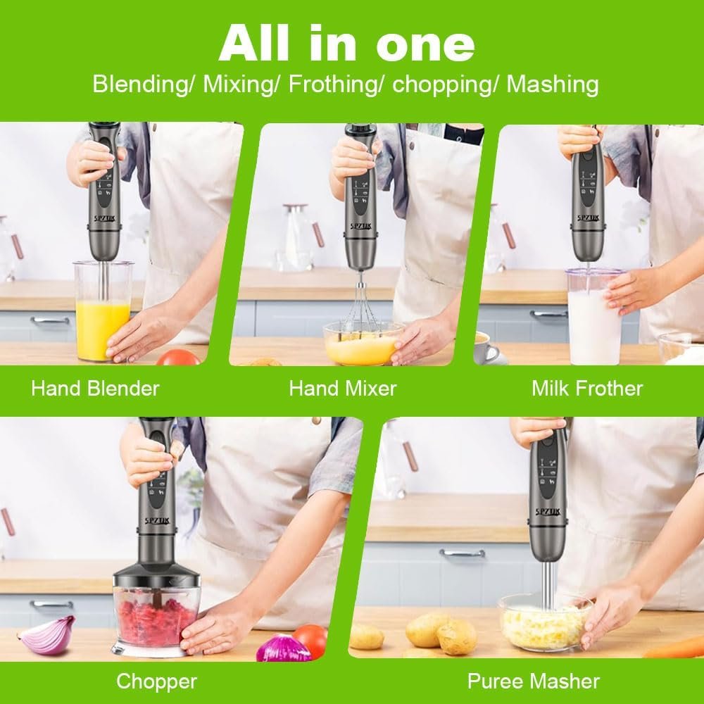 SPZTJK Kitchen Pürierstab, 5-en-1 Stabmixer Elektrischer, Pürierstab Edelstahl, Gemüsestampfer & Schneebesen, Zerkleinerer Elektrisch,Stufenlos Geschwindigkeiten Rührstab für Babynahrung, Suppe, Smoothies, Püree, Sauce hand blender - Image 7