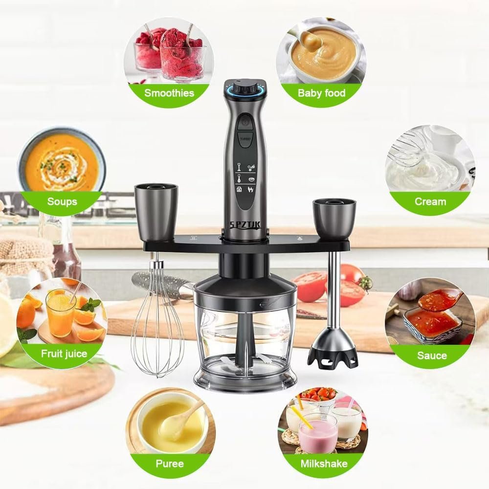 SPZTJK Kitchen Pürierstab, 5-en-1 Stabmixer Elektrischer, Pürierstab Edelstahl, Gemüsestampfer & Schneebesen, Zerkleinerer Elektrisch,Stufenlos Geschwindigkeiten Rührstab für Babynahrung, Suppe, Smoothies, Püree, Sauce hand blender - Image 8