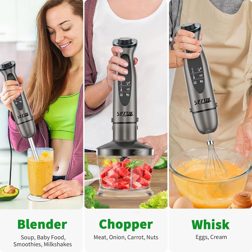 SPZTJK Kitchen Pürierstab, 5-en-1 Stabmixer Elektrischer, Pürierstab Edelstahl, Gemüsestampfer & Schneebesen, Zerkleinerer Elektrisch,Stufenlos Geschwindigkeiten Rührstab für Babynahrung, Suppe, Smoothies, Püree, Sauce hand blender - Image 9