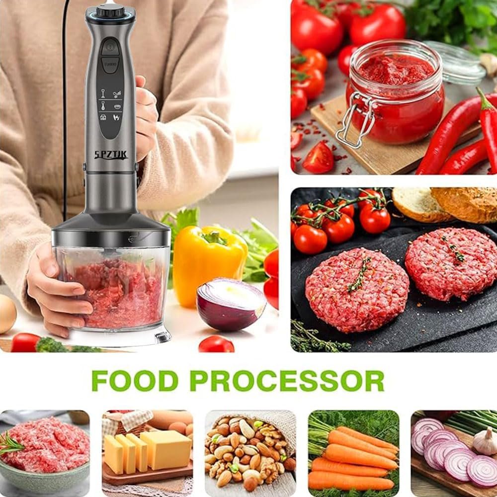 SPZTJK Kitchen Pürierstab, 5-en-1 Stabmixer Elektrischer, Pürierstab Edelstahl, Gemüsestampfer & Schneebesen, Zerkleinerer Elektrisch,Stufenlos Geschwindigkeiten Rührstab für Babynahrung, Suppe, Smoothies, Püree, Sauce hand blender - Image 2