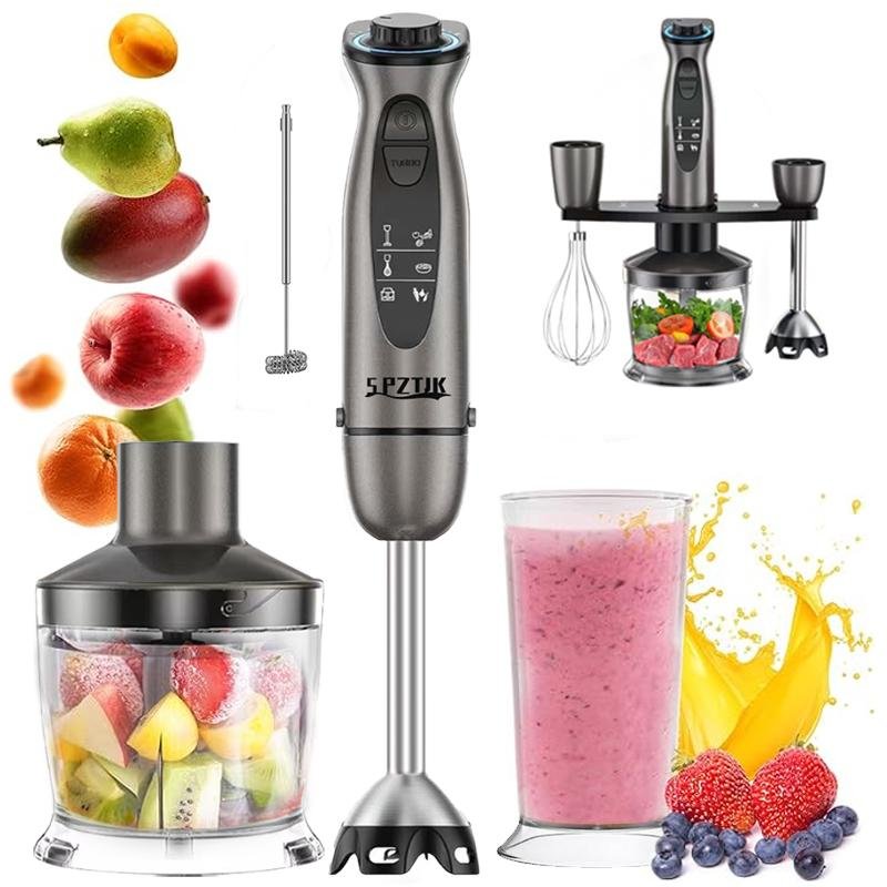 SPZTJK Kitchen Pürierstab, 5-en-1 Stabmixer Elektrischer, Pürierstab Edelstahl, Gemüsestampfer & Schneebesen, Zerkleinerer Elektrisch,Stufenlos Geschwindigkeiten Rührstab für Babynahrung, Suppe, Smoothies, Püree, Sauce hand blender